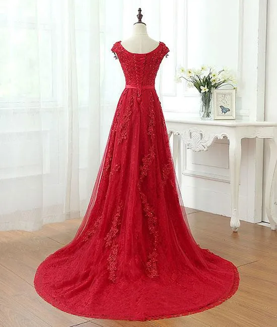 Burgundy tulle lace applique long prom dress, burgundy evening dress M4842