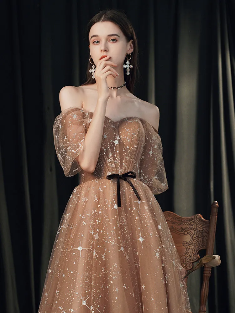 Champagne Tulle A-line Off Shoulder Party Dress, Simple Long Junior Prom Dress