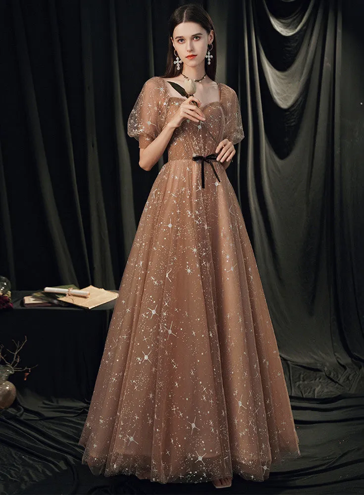 Champagne Tulle A-line Off Shoulder Party Dress, Simple Long Junior Prom Dress