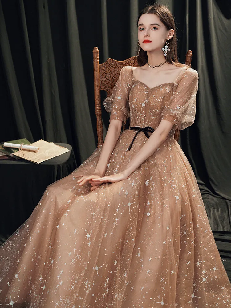 Champagne Tulle A-line Off Shoulder Party Dress, Simple Long Junior Prom Dress