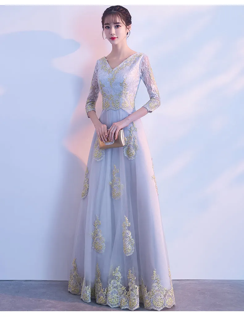 Charming Grey Long A--line Party Dress, Grey Wedding Party Dress