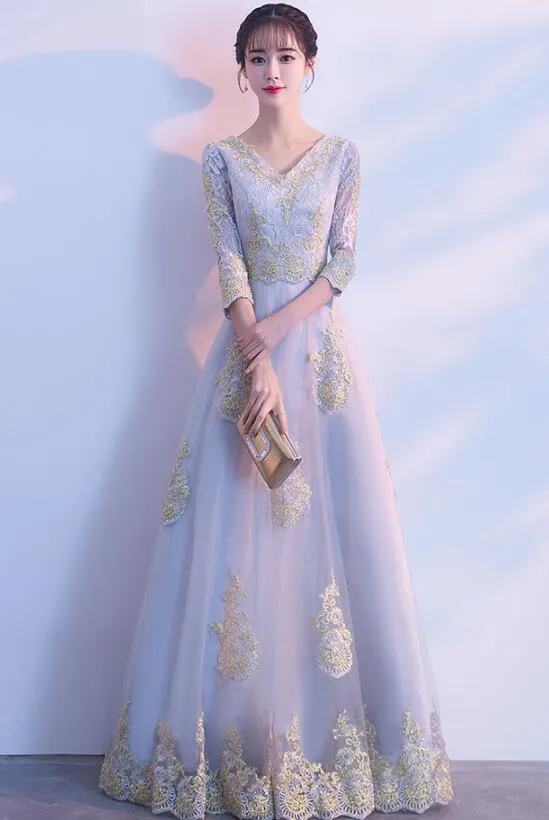 Charming Grey Long A--line Party Dress, Grey Wedding Party Dress