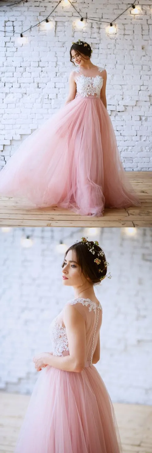 Charming Pink A-line Lace Tulle Prom Dresses Evening Dress with Appliques, SP480