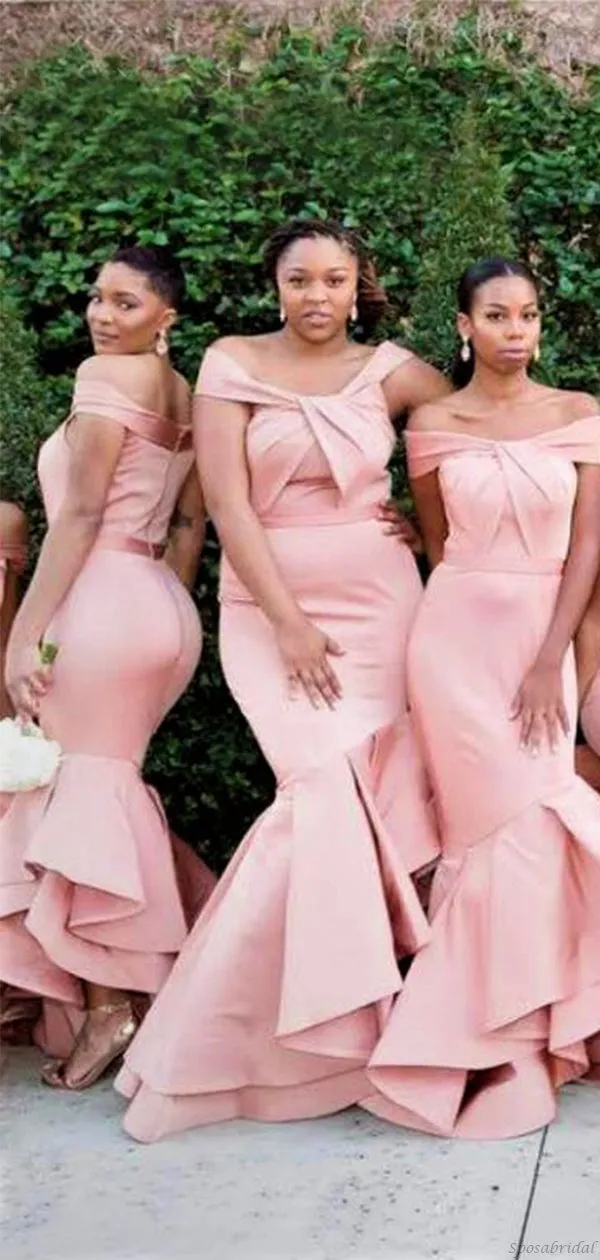 Charming Pink Off-shoulder Mermiad Ruffle Trumpet Long Bridesmaid Dress, BD3219