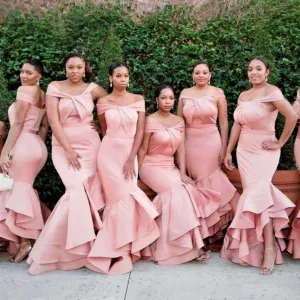 Charming Pink Off-shoulder Mermiad Ruffle Trumpet Long Bridesmaid Dress, BD3219