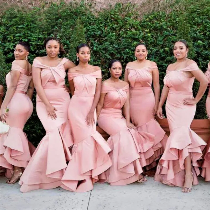 Charming Pink Off-shoulder Mermiad Ruffle Trumpet Long Bridesmaid Dress, BD3219