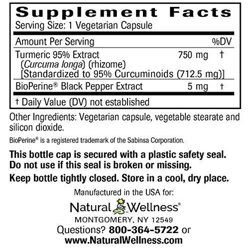 Cúrcuma 95, por bienestar Natural, ofrece una altamente absorbible cúrcuma y Bioperine® Combinación – 60 vcaps