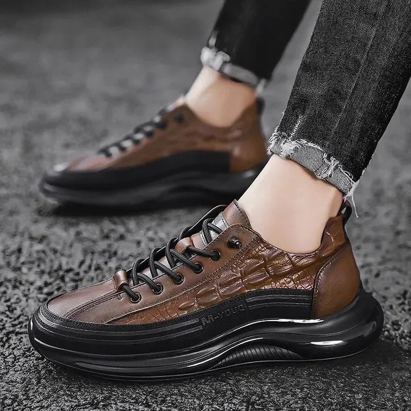 Crocodile Print Men Shoes Retro Design Leather Casual Sneakers Summer Platform Walking Shoes