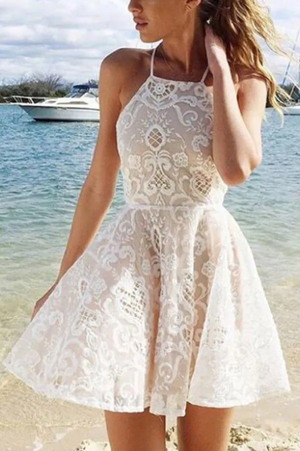 Cute A-line White Halter Short Straps Lace Homecoming/Prom Dress OK296