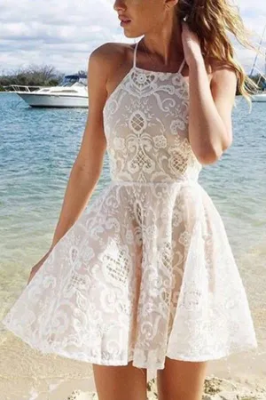 Cute A-line White Halter Short Straps Lace Homecoming/Prom Dress OK296