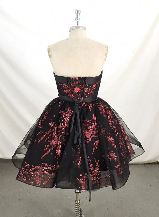 Cute Black Lace Floral Short Party Dress , Black Homecoming Dress