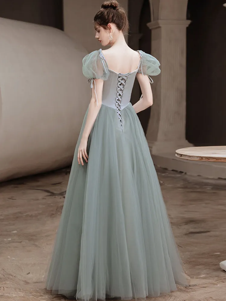 Cute Green Tulle Beaded A-line New Prom Dress, Short Sleeves Tulle Formal Dress