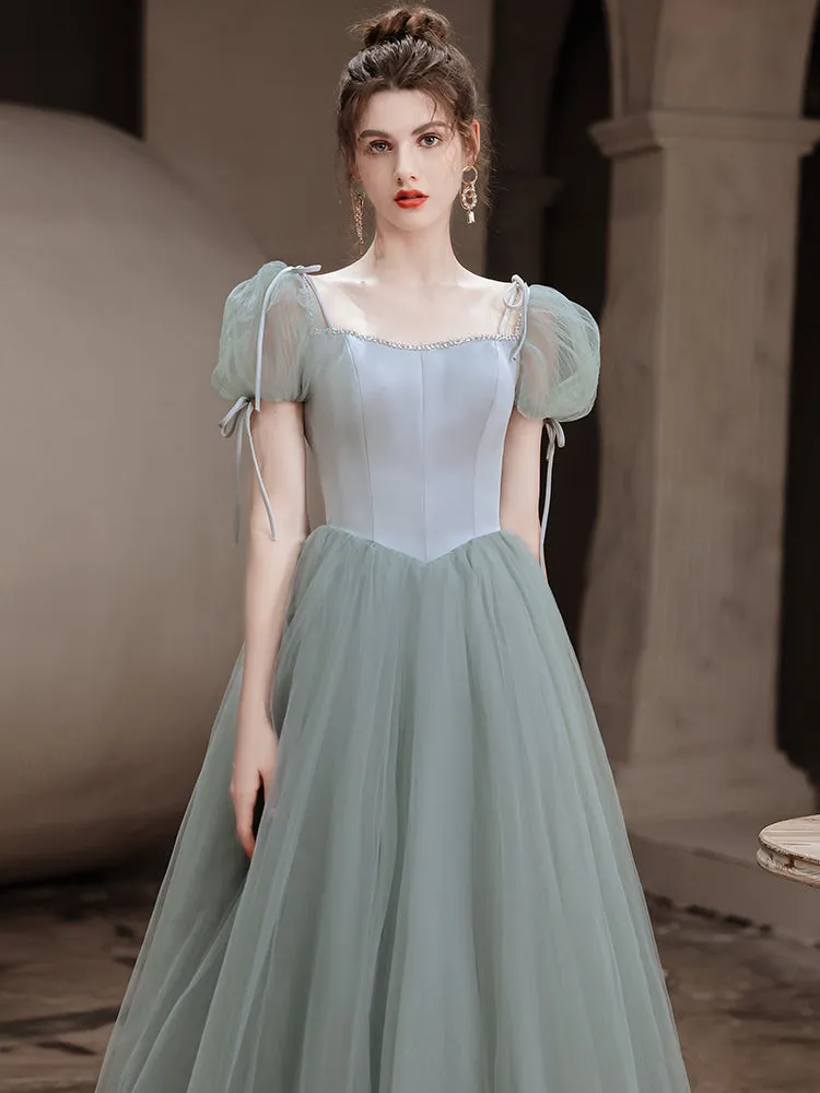 Cute Green Tulle Beaded A-line New Prom Dress, Short Sleeves Tulle Formal Dress