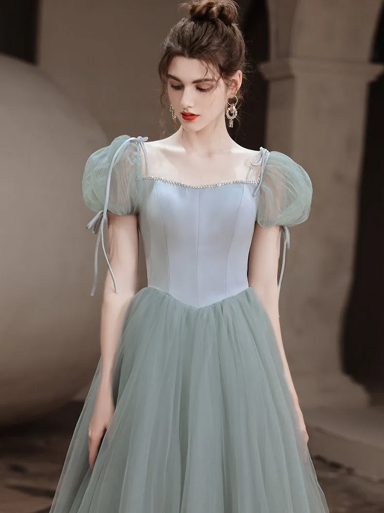 Cute Green Tulle Beaded A-line New Prom Dress, Short Sleeves Tulle Formal Dress
