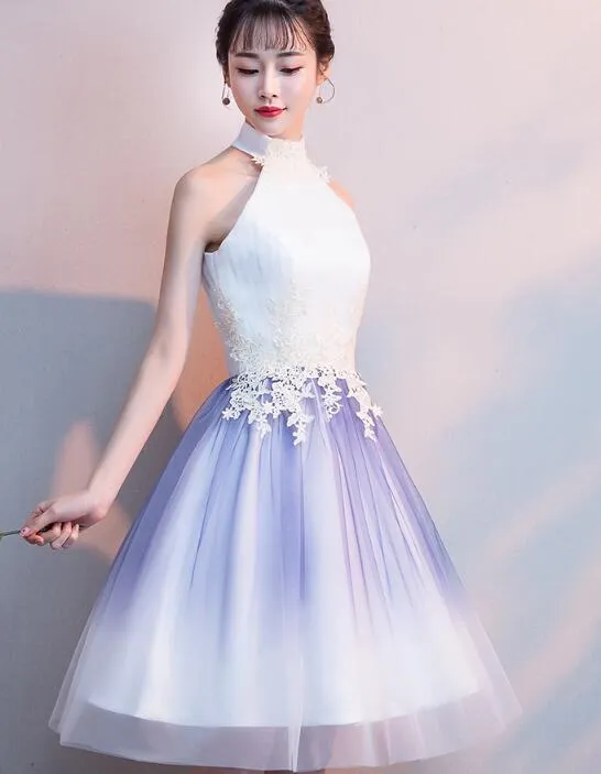 Cute Halter Tulle A-line Knee Length Party Dress, Light Purple Homecoming Dress