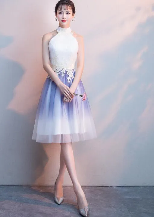 Cute Halter Tulle A-line Knee Length Party Dress, Light Purple Homecoming Dress