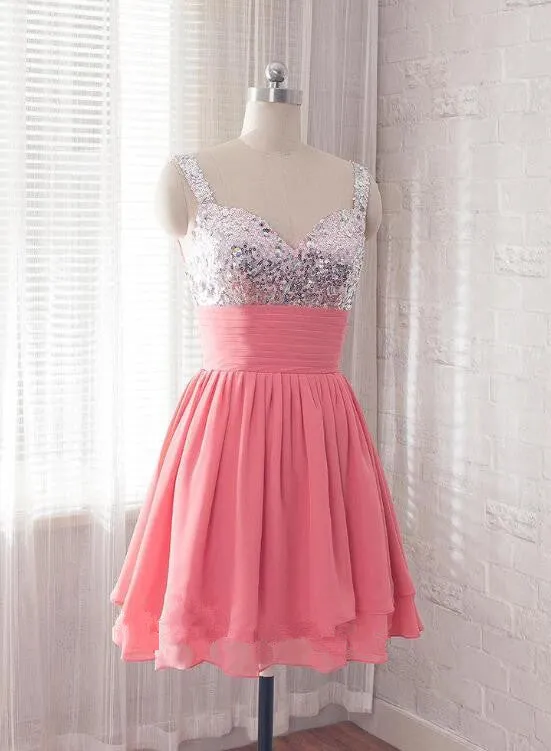 Cute Watermelon Chiffon and Sequins Bridesmaid Dress, Short Party Dress