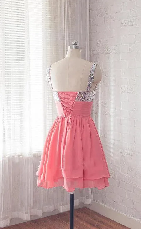 Cute Watermelon Chiffon and Sequins Bridesmaid Dress, Short Party Dress