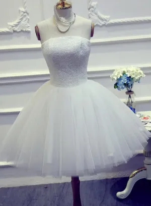 Cute White Short Graduation Dress, Short Tulle Ball Party Dress, Short Wedding Dress