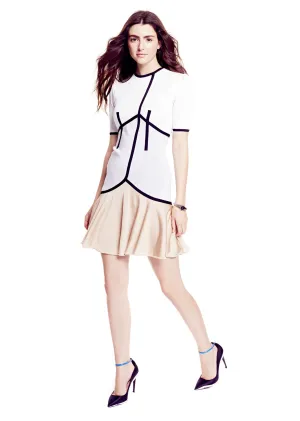 Dorothee - White, Beige, and Silver Blue Stretch Pique Fabric Dress