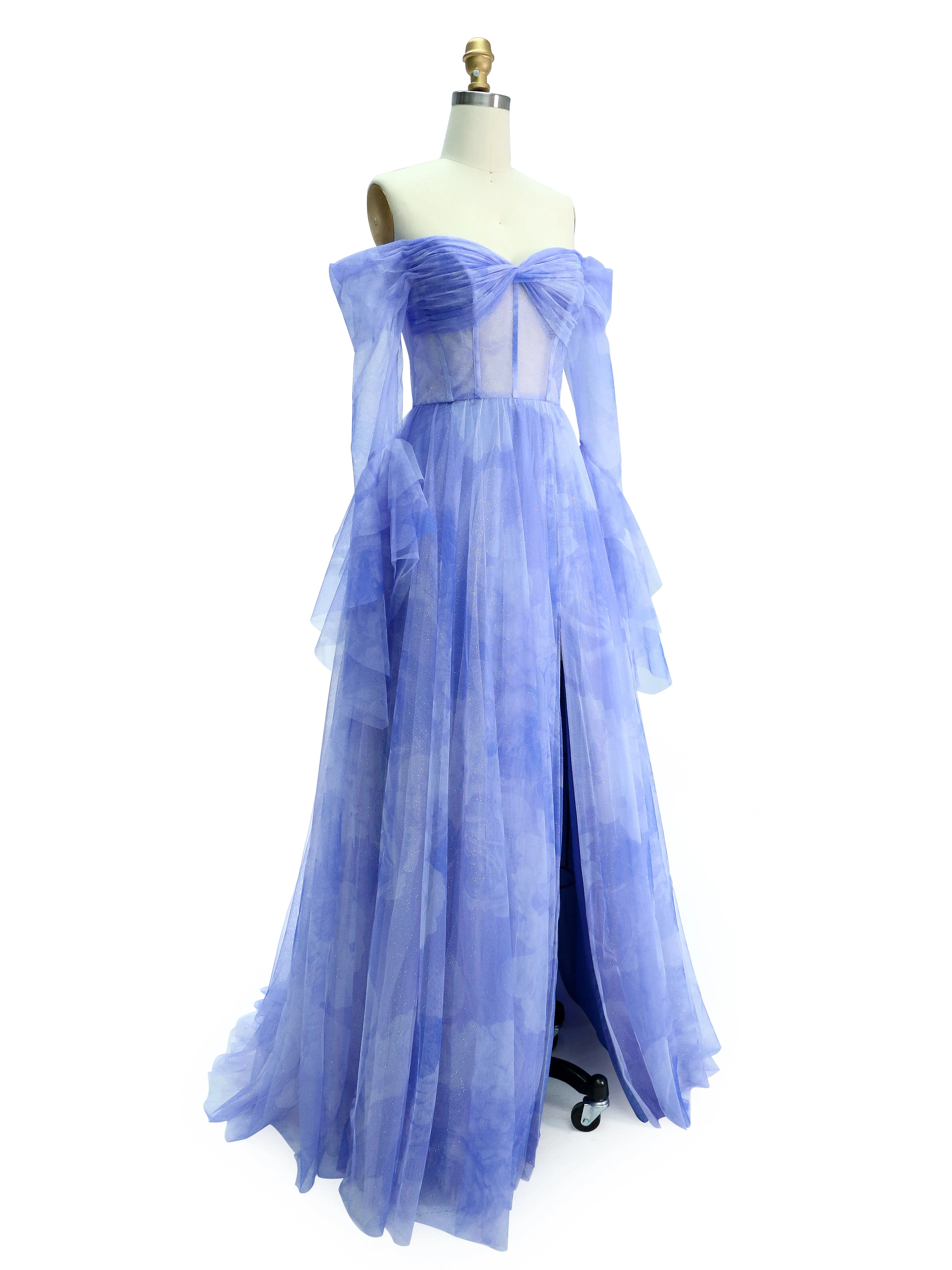 Elegant Off The Shoulder Printed Prom Dresses Long Sleeves YE2528