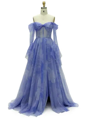 Elegant Off The Shoulder Printed Prom Dresses Long Sleeves YE2528