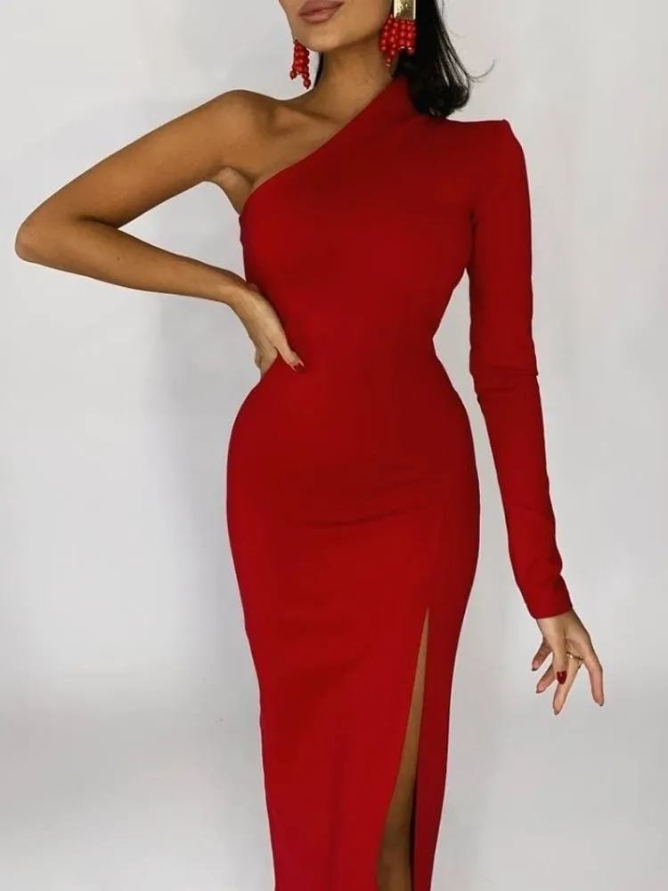 Elegant One Shoulder Mermaid Maxi Dress Stretch Fabric with Slit