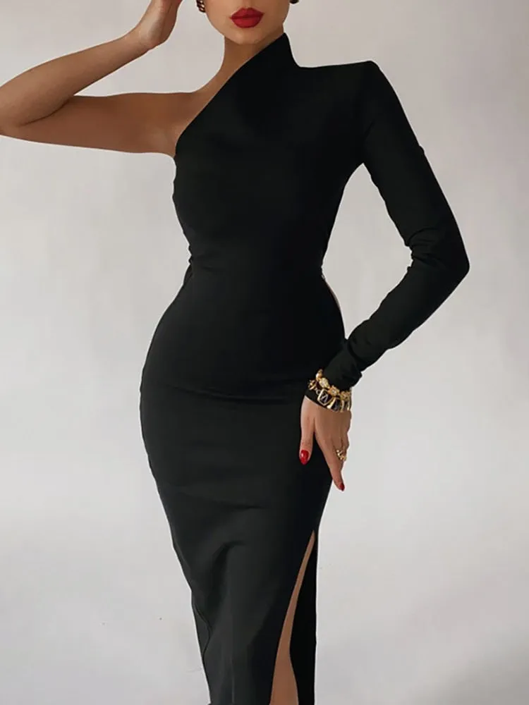 Elegant One Shoulder Mermaid Maxi Dress Stretch Fabric with Slit
