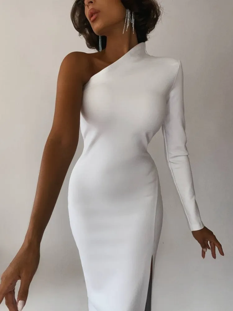 Elegant One Shoulder Mermaid Maxi Dress Stretch Fabric with Slit