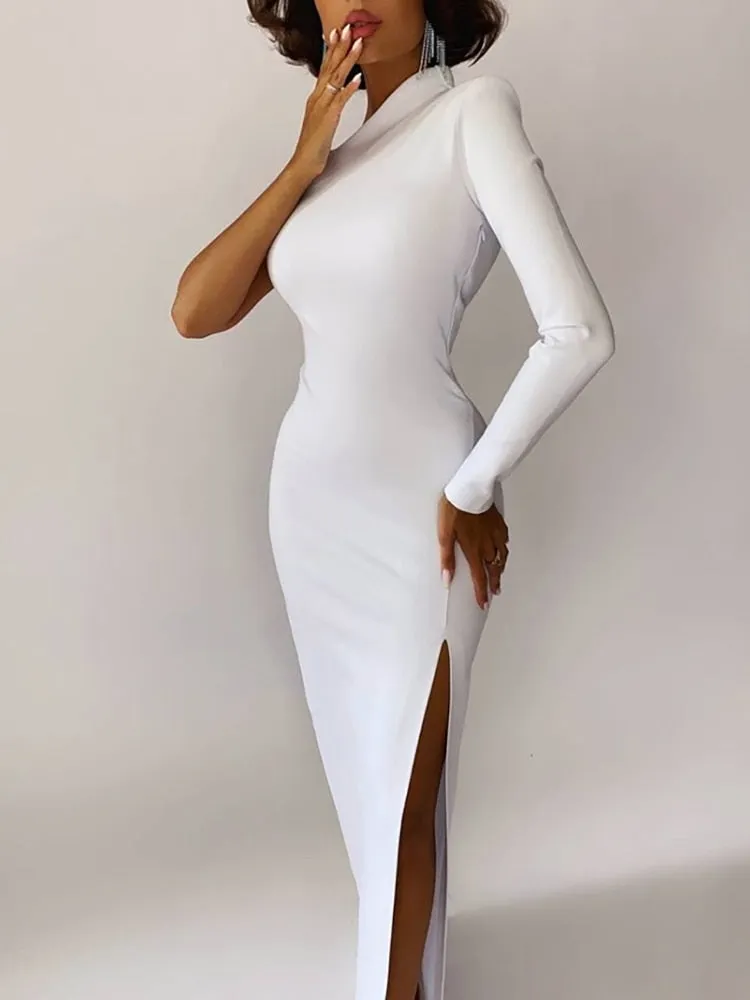Elegant One Shoulder Mermaid Maxi Dress Stretch Fabric with Slit