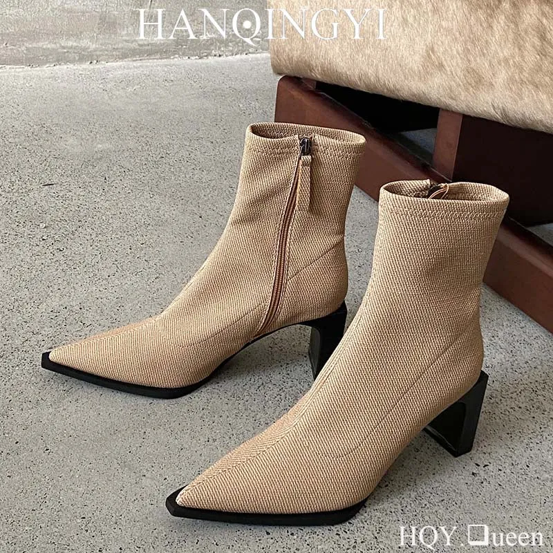 Female Footwear Square Heels Women Ankle Boots Zippers Shoes For Fashion Party Sexy Ladies Stretch Boots 2023 Heeled Shoes