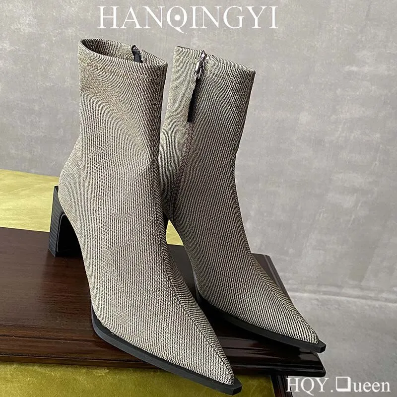 Female Footwear Square Heels Women Ankle Boots Zippers Shoes For Fashion Party Sexy Ladies Stretch Boots 2023 Heeled Shoes