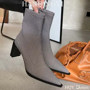 Female Footwear Square Heels Women Ankle Boots Zippers Shoes For Fashion Party Sexy Ladies Stretch Boots 2023 Heeled Shoes