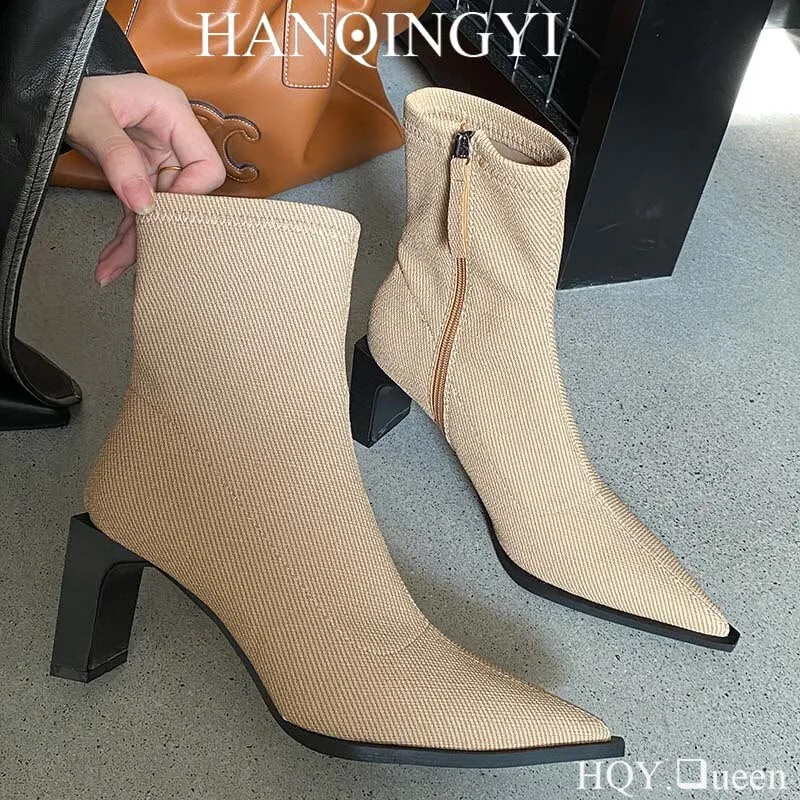 Female Footwear Square Heels Women Ankle Boots Zippers Shoes For Fashion Party Sexy Ladies Stretch Boots 2023 Heeled Shoes