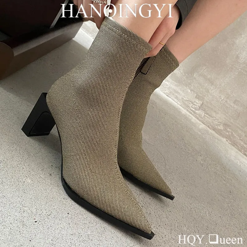 Female Footwear Square Heels Women Ankle Boots Zippers Shoes For Fashion Party Sexy Ladies Stretch Boots 2023 Heeled Shoes