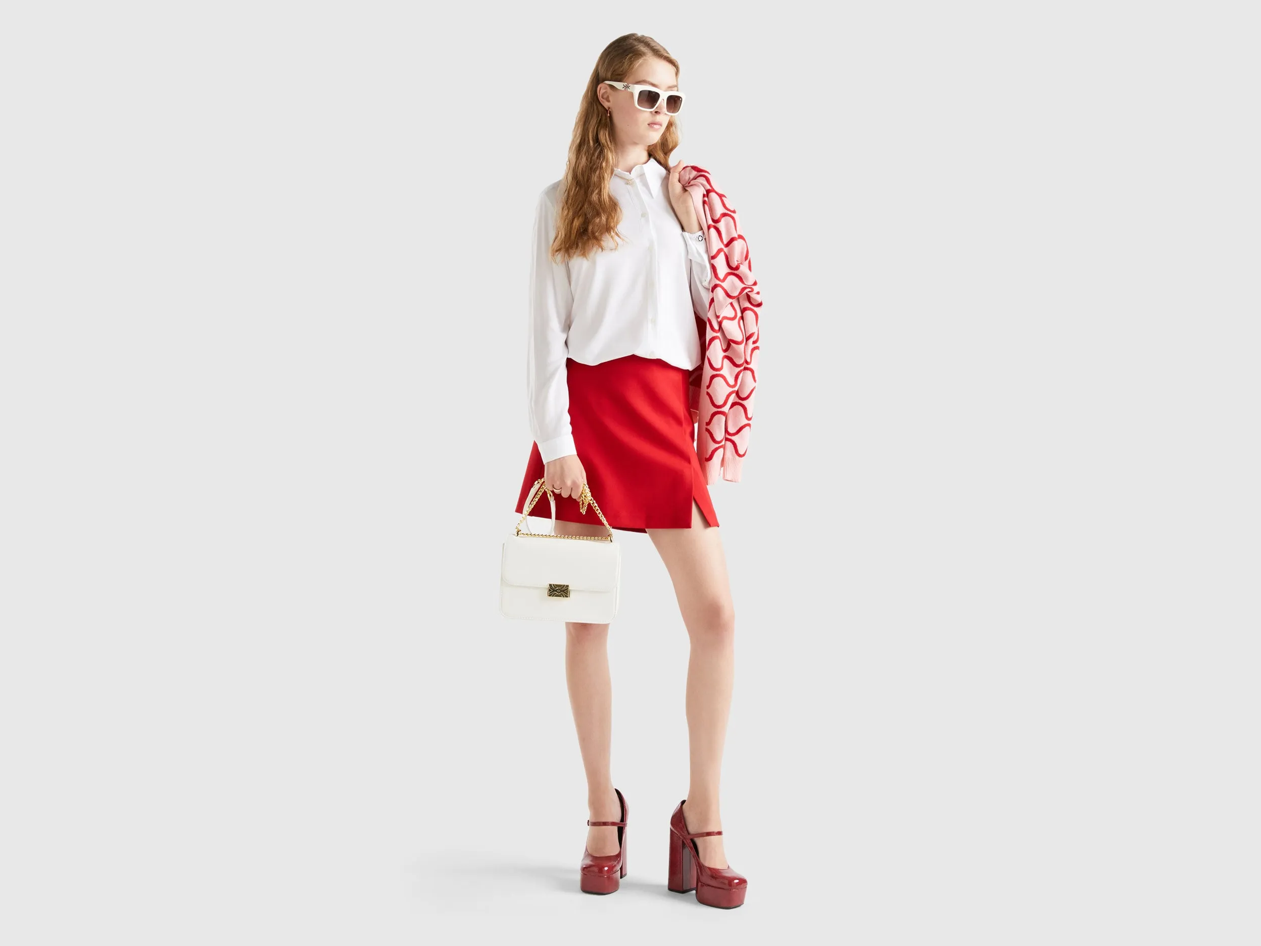Front-Slit Soft Stretch Viscose Blend Fabric Red Skirt