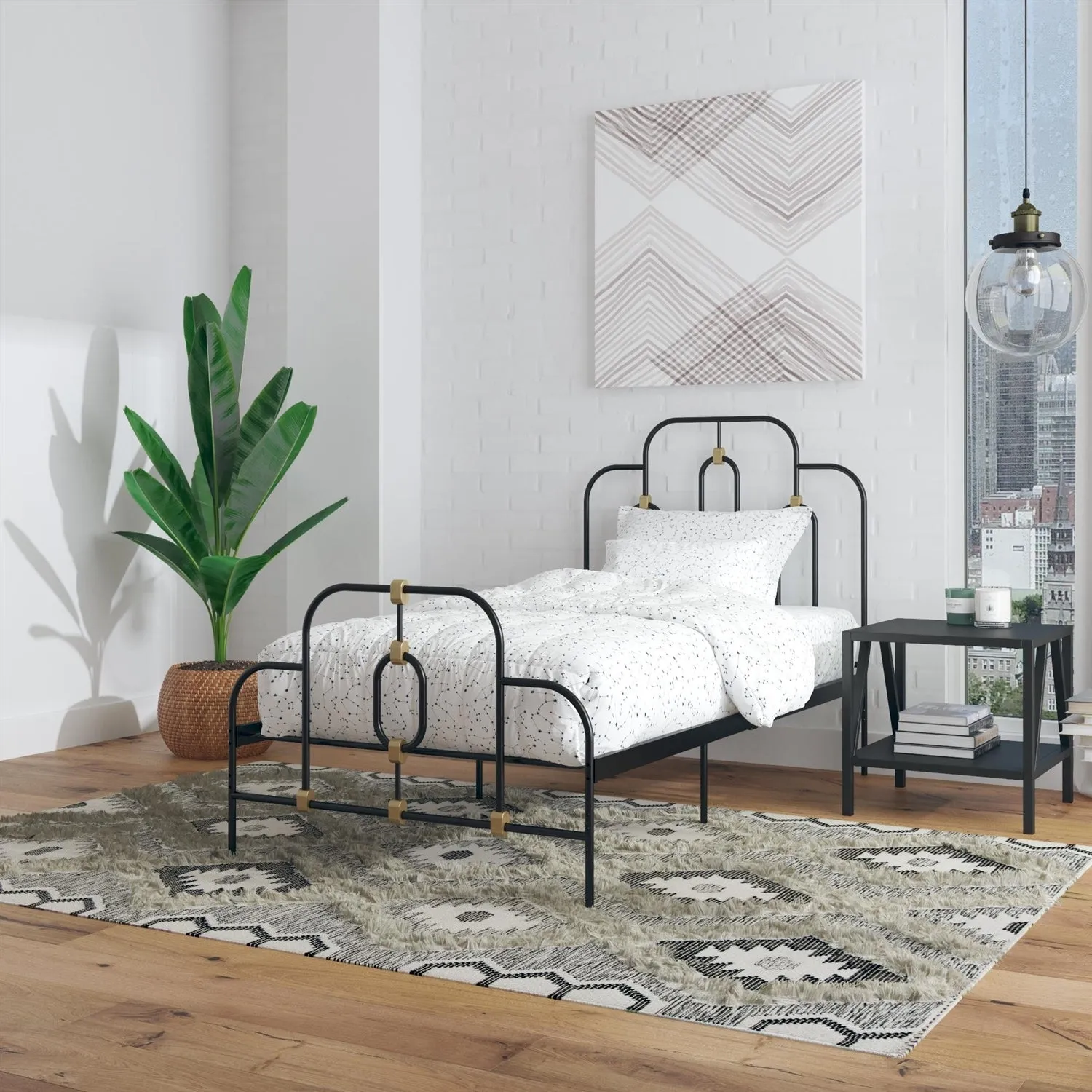 Full Farmhouse Adjustable Height Metal Platform Bed in Black Gold Metal Finish
