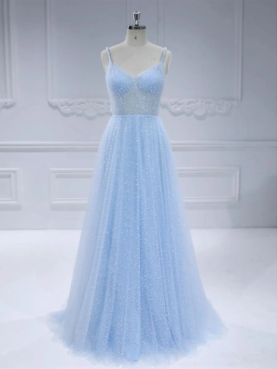 Glitter A Line Tulle Bustier Gown Prom Dresses #18696