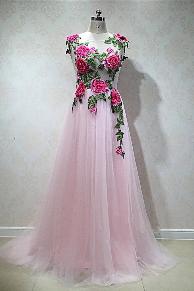 Gorgeous Pink Tulle Flowers Embroidery Long Party Dresses, Pink Formal Gowns, Prom Dresses
