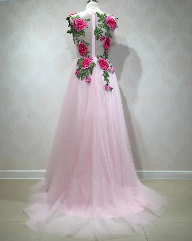 Gorgeous Pink Tulle Flowers Embroidery Long Party Dresses, Pink Formal Gowns, Prom Dresses