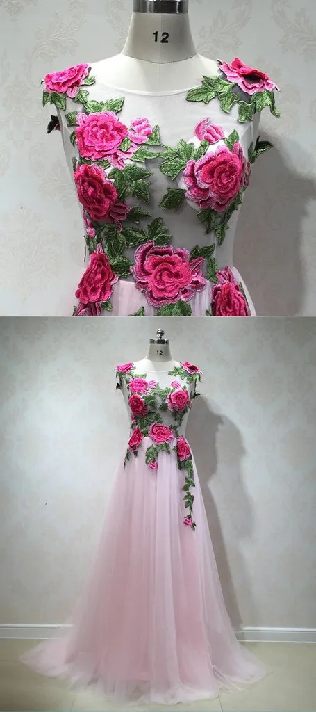 Gorgeous Pink Tulle Flowers Embroidery Long Party Dresses, Pink Formal Gowns, Prom Dresses