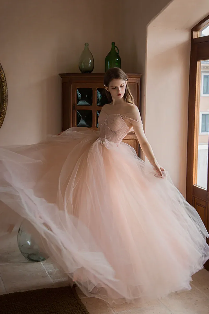 Gorgeous Pink Tulle Off Shoulder Formal Dress, Pink Long Lace Evening Dress Prom Dress