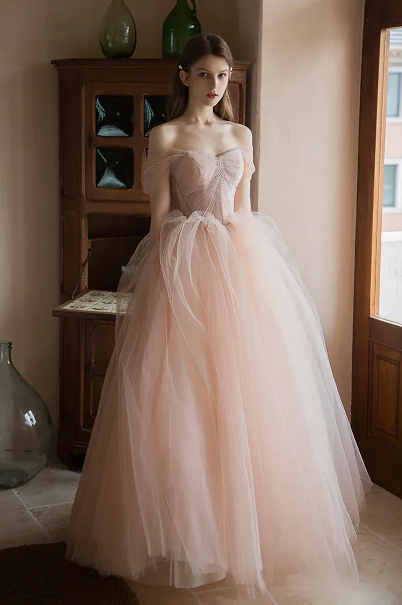 Gorgeous Pink Tulle Off Shoulder Formal Dress, Pink Long Lace Evening Dress Prom Dress