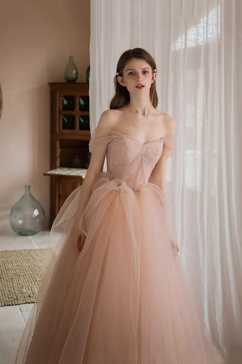 Gorgeous Pink Tulle Off Shoulder Formal Dress, Pink Long Lace Evening Dress Prom Dress