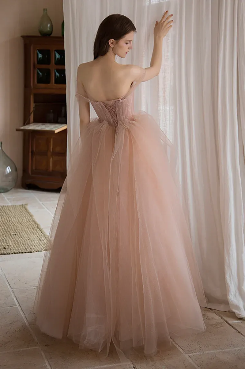 Gorgeous Pink Tulle Off Shoulder Formal Dress, Pink Long Lace Evening Dress Prom Dress