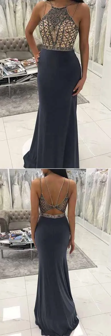 Grey Mermaid Round Neck Floor-Length Long Prom Dress with Beading, M297