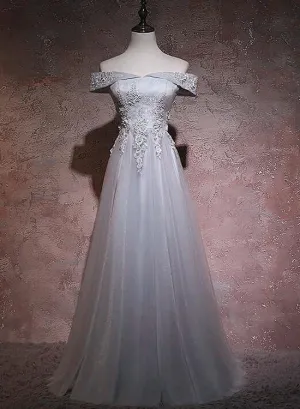 Grey Tulle Long Off Shoulder Party Dress 2021, Tulle with Lace Floor Length Party Dress