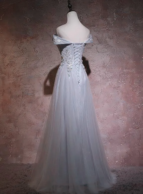 Grey Tulle Long Off Shoulder Party Dress 2021, Tulle with Lace Floor Length Party Dress
