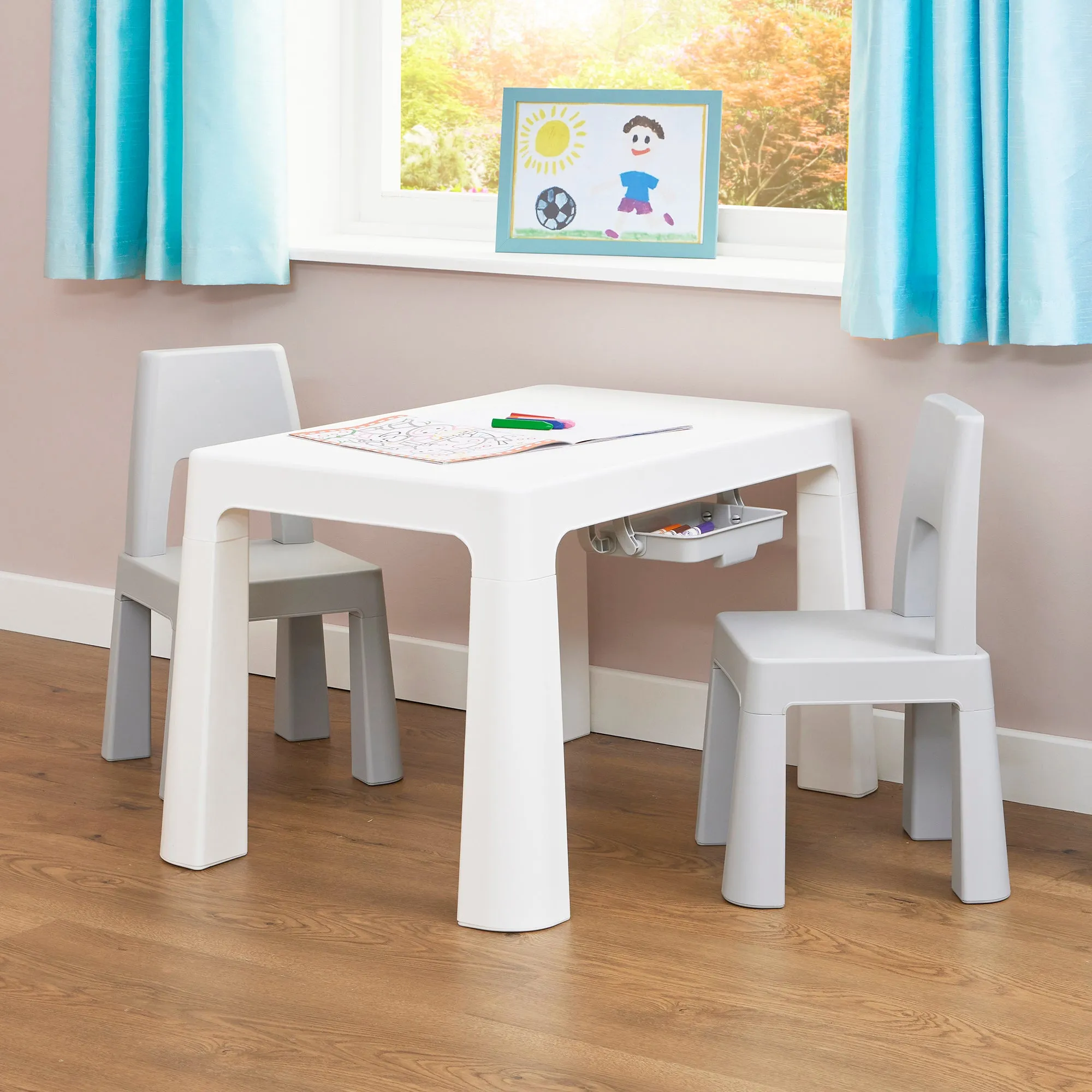 Grow-with-me Kids Height Adjustable Table & Chairs | Storage | 2-8 years | Grey & White