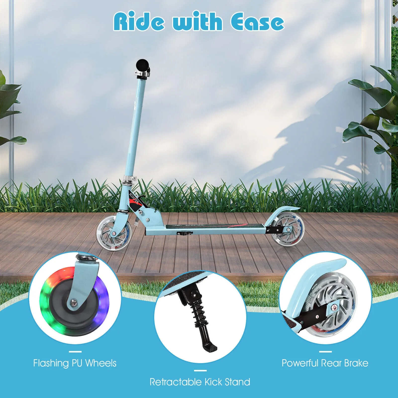 Height Adjustable Folding Stunt Scooter | Adjustable T-Bar | Push Kick | Light Up 2 Wheels | Blue | 4-13 Years